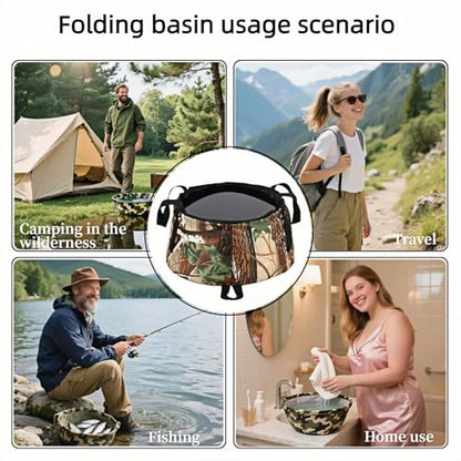 Portable Foldable Sink Bucket for Camping/Basin, Travel - Thickened Leakproof Nylon, Reinforced Handle, Multi-Use (Car, Fishing, Dishes, Wash) Camouflage