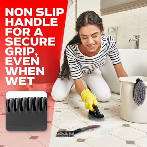 Scrub Brush Set of 6 pcs - Cleaning Shower Scrubbers with Squeegee for Shower Glass and Adhesive Wall Hooks Including Grout Cleaner Brush, Scrub Brushes for Cleaning Bathroom, Shower, Tile, Bathtub - color: Black, Set of 6