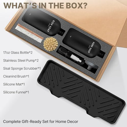 Kitchen Soap Dispenser Set, Kitchen Sink Organizer with Self Draining Silicone Tray, 2 x 17oz Glass Soap Dispensers, Stainless Steel Pumps, Bamboo Brush & Sisal Sponge - Black - color: Black Bottle + Black Pump
