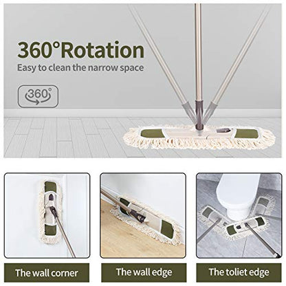 Eyliden Dust Mop, 2 Microfiber Pads, Home Commercial Cleaning, Quick Swap | 52.6" Adjustable Handle, 360° Swivel, Washable, Wet Dry Mops for Kitchen Hardwood Vinyl Tile Floor Cleaning, Push Dust Broom - color: Army Green