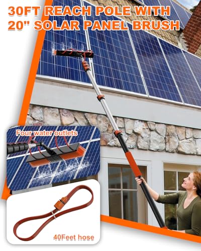 30Ft Reach Solar Panel Cleaning Brush Kit with 5-24ft Telescoping Pole, Water Fed Window Cleaner Tool with 20" Brush, Soap Dispenser, Cobweb Duster, Squeegee for Roof, RV, Gutter, Boat, Deck