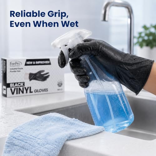 ForPro Disposable Vinyl Gloves, Industrial Grade, Powder & Latex Free, Non-Sterile, Food Safe, 2.75 Mil Palm, 3.9 Mil Fingers - color: Black, size: Large (Pack of 100)
