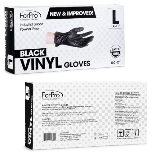 ForPro Disposable Vinyl Gloves, Industrial Grade, Powder & Latex Free, Non-Sterile, Food Safe, 2.75 Mil Palm, 3.9 Mil Fingers - color: Black, size: Large (Pack of 100)