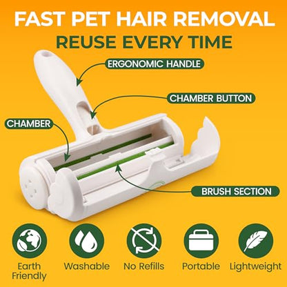 Roller Pet Hair Remover – Reusable Lint Roller for Cat & Dog Hair on Carpet, Couch, Car, Furniture, Rugs & Bedding – Portable, Eco-Friendly