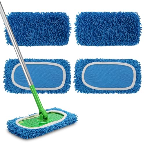 Set of 4 Reusable Microfiber Mop Pads Compatible with Swiffer Sweeper, Dry Sweeping Cloths, Washable Wet Mopping Cloth Refills for Floor Cleaning (Mop is Not Included) (4 Pack, Blue) - color: Blue