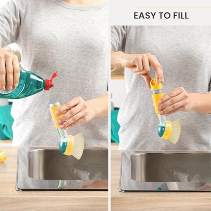 Vigar Rengo Dish Brush with Soap Dispenser - Dish Scrubber with Handle, Kitchen Scrub Brush for Dishes, Sink Cleaning Brush, Soap Dispensing Dish Wand with Nylon Bristles, Non Scratch - Mustard - color: Mustard
