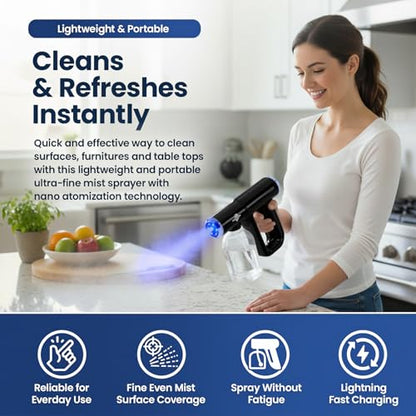 Professional Barber Disinfectant Spray Gun, Ultra Fine Mist Sprayer, Black | Continuous Spray Bottle with Blue Light, Easy to Use Lightweight and Rechargeable Sanitizer Gun, Multipurpose Fogger Machine - color: Black