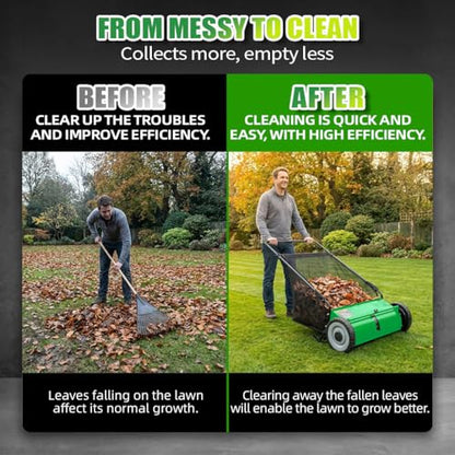 PPOLB 26" Push Lawn Sweeper, 7 cu.ft Large Capacity Yard Sweeper Push, 5:1 High-Density 4 Brushes, Adjustable Height, Heavy Duty Leaf Collector with Detachable Hopper, Rubber Wheels, Ergonomic Handle - color: Green