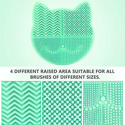 New Grass Green Silicon Makeup Brush Cleaner Mat with Portable Cat Shaped Cosmetic Brush Cleaning Pad Holder and Drying Holder - color: New Grass Green