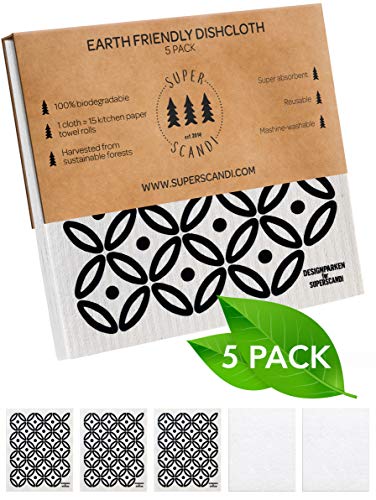 SUPERSCANDI 5 Pack Swedish Dishcloths for Kitchen - 100% Biodegradable & Compostable Reusable Paper Towels Washable, Food-Safe & Without Plastic - Dish Rags for Any Surface, Artdeco Black on White - color: Artdeco Black on White