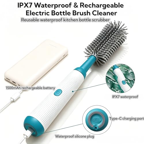 Electric Bottle Brush Set, 6-in-1 Electric Cleaning Brush with Waterproof Silicone Cleaner, 3 Replaceable Brush Heads, Straw Brush & Extension Rod, for Baby Feeding Supplies and Kitchen Utensils - color: Malachite Green