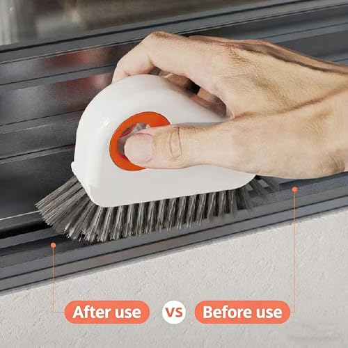 Multifunctional 2 in 1 Groove Cleaning Brush with Scraper & Dustpan - Window Track Cleaner Tool for Glass Door Tracks, Sills, Sliding Doors - Grout Brush for Narrow Gaps, Tiles, Bathroom - Orange