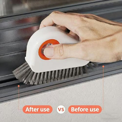 Multifunctional 2 in 1 Groove Cleaning Brush with Scraper & Dustpan - Window Track Cleaner Tool for Glass Door Tracks, Sills, Sliding Doors - Grout Brush for Narrow Gaps, Tiles, Bathroom - Orange