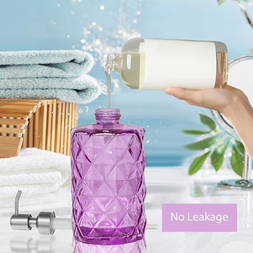 12Oz Purple Glass Soap Dispenser with Stainless Steel Pump, Refillable Kitchen Liquid Hand Soap Dispenser with Diamond Design, for Dispense Hand soap, Dish Soap, Lotion, Bathroom, Countertop, Hotel - color: Purple Diamond