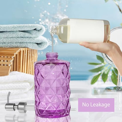 12Oz Purple Glass Soap Dispenser with Stainless Steel Pump, Refillable Kitchen Liquid Hand Soap Dispenser with Diamond Design, for Dispense Hand soap, Dish Soap, Lotion, Bathroom, Countertop, Hotel - color: Purple Diamond