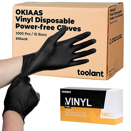 OKIAAS Black/Pink Vinyl Disposable Gloves Latex Free, Food Grade, 5 mil, Cooking, Cleaning, Hair Dye, 50/100/200/1000 Count - color: Black, size: Medium (Pack of 50)