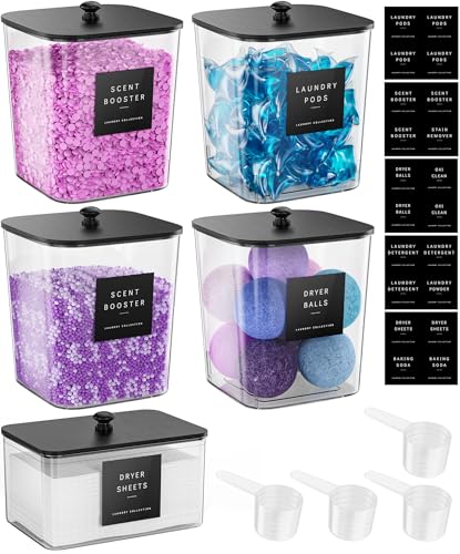 Moforoco 5 Pack Laundry Pods Container, Clear Laundry Room Organization Containers,Large Detergent Powder Storage, Black Wooden Lids & Labels, Acrylic Pods Holder - color: Black, size: 4+1 pack