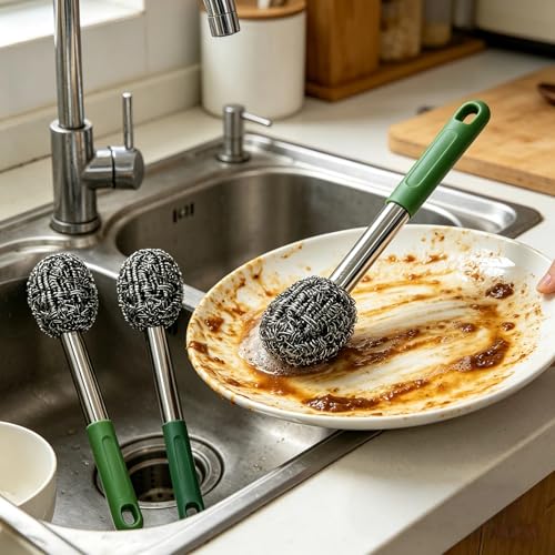 2PCS Steel Wool Scrubber with Handle Rustproof, Cast Iron Scrubber, Stubborn Messes Pot Brush, Remove Dirt for Cleaning Stoves,Sinks Dishes Grills Bowls & Metal Wire Sponge for Kitchens - color: Green