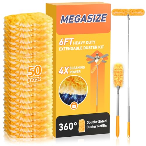 6 ft Heavy Duty Extendable Duster Handle with 50 Refills for Swiffer Duster, 360° Multi-Surface Dusters with 4X Cleaning Power for Home, Ceiling Fans, Windows, Dusting Hard-to-Reach Areas (Orange) - color: Orange 6ft + 50 Refills