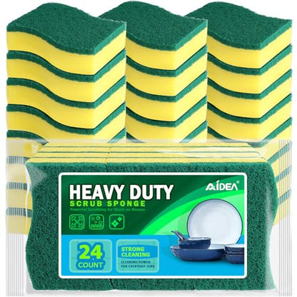AIDEA Sponges Kitchen, 24 Pack Heavy Duty Dish Sponge, Cleaning Dish Scrubber Sponge for Home and Kitchen, Stink-Free Cleaning Supplies for Pots, Pans - size: 24 Count (Pack of 1), style: Yellow-S Shape