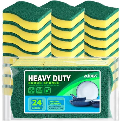 AIDEA Sponges Kitchen, 24 Pack Heavy Duty Dish Sponge, Cleaning Dish Scrubber Sponge for Home and Kitchen, Stink-Free Cleaning Supplies for Pots, Pans - size: 24 Count (Pack of 1), style: Yellow-S Shape