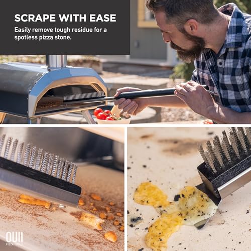 26'' Pizza Oven Brush with Stone Scraper - Includes 2 Brush Heads, Heat-Resistant Silver Stainless Steel Bristles - Long Grip Handle, Compatible with Ooni, Gozney, Blackstone, Solo Stove Ovens - color: Black - 2 Brush Heads