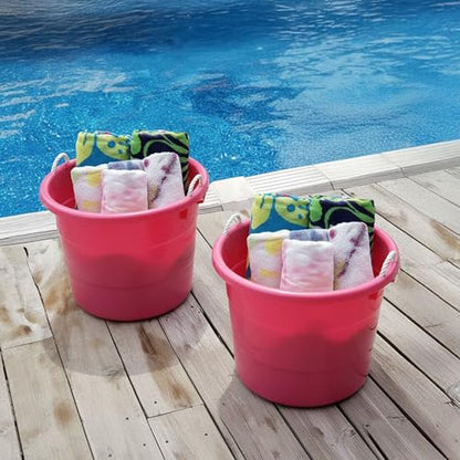 Homz 2 Pack of 17 Gallon Storage Buckets, Durable Plastic Containers, Sturdy Rope Handles, Large Tubs for Sports Equipment, Party Cooler, Gardening, Toys and Laundry, Pink - color: Pink