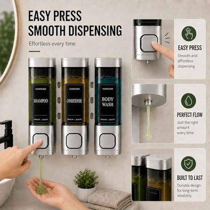 Shampoo and Conditioner Dispenser, Shower Soap Dispenser Wall Mounted, Shower Dispenser 3 Chamber No Drill for Bathroom Large Capacity (Silver) - color: Sliver