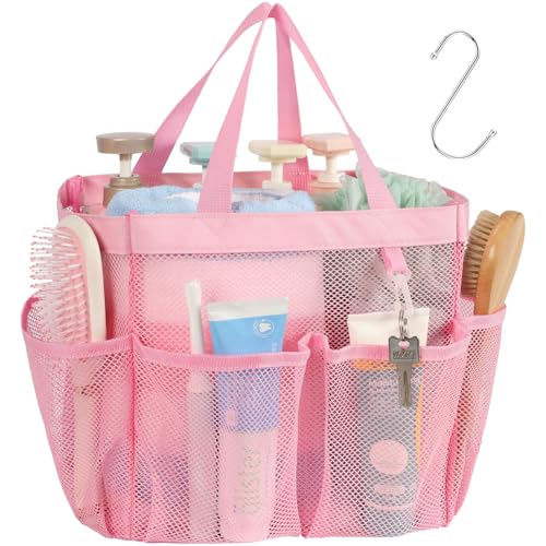 F-color Mesh Shower Caddy Portable, Upgrade Deeper 7 Pockets Shower Bag Basket Tote for College Dorm Room Toiletry Bathroom Essentials Gym Camp Quick Dry 2 handles with S Hook, Pink - color: Pink, size: L (Classic Dorm Caddy)