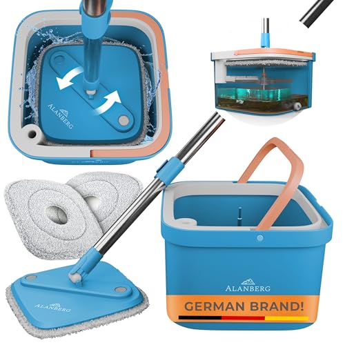 Spin Mop and Bucket Set with Wringer – Dual-Chamber Self Wringing Mop, Flat Microfiber Mop for Hardwood, Tile & Vinyl Floors, 2 Washable Replacement Heads, 63" Handle, Blue - color: Blue
