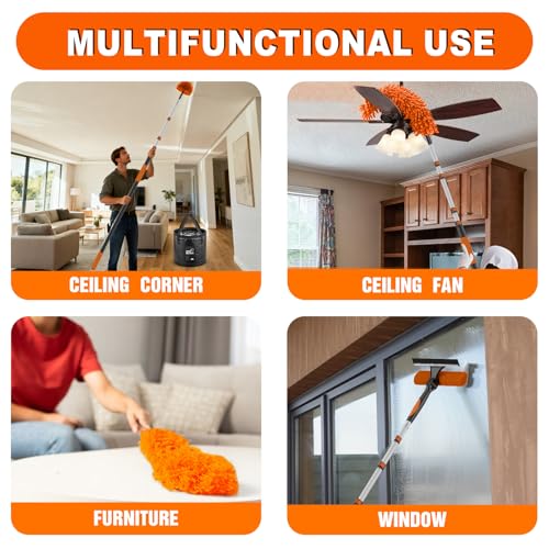 SISUPASSIE 20FT Reach High Ceiling Duster Kit, Window Cleaning kit with 3-12FT Extension Pole, Fan Duster for Ceiling Fan Blades, Microfiber Feather Duster, Window Squeegee, Bucket and Cobweb Duster - size: 12FT