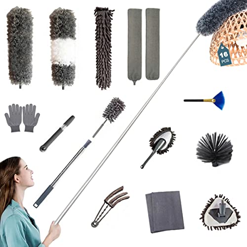 Duster Household Cleaning Supplies Kit 16pcs Microfiber Feather Duster 100in Extension Pole Reusable Bendable Cobweb Duster Window High Ceiling Fan Gap Cleaner