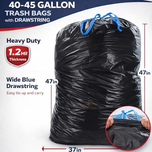 (50 Count) 44 Gallon Trash Bags with Drawstring, Heavy Duty Fits 40-45 Gallon Bins, 1.2 Mil Industrial Strength for Janitorial, Hotels & Commercial Kitchen Waste-Multipurpose use-By Interplas.