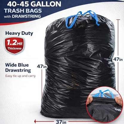 (50 Count) 44 Gallon Trash Bags with Drawstring, Heavy Duty Fits 40-45 Gallon Bins, 1.2 Mil Industrial Strength for Janitorial, Hotels & Commercial Kitchen Waste-Multipurpose use-By Interplas.