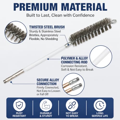 50 Inch Pipe Cleaning Brush Set with Stainless Steel Bristles, Wire Brush with 4 Flexible Rods and Hexagonal Connecting Rod, Stainless Steel Pipe Brush Set (3/5, 1, 1 3/5, 2 in Brush Heads)