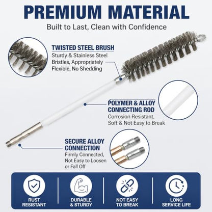 50 Inch Pipe Cleaning Brush Set with Stainless Steel Bristles, Wire Brush with 4 Flexible Rods and Hexagonal Connecting Rod, Stainless Steel Pipe Brush Set (3/5, 1, 1 3/5, 2 in Brush Heads)