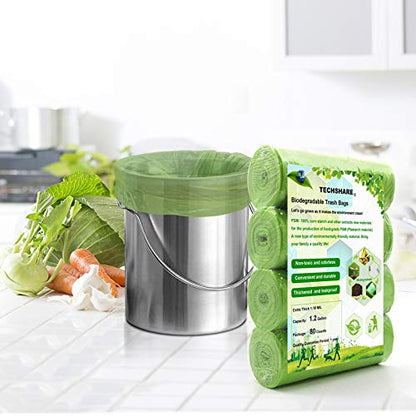 TECHSHARE 1.2 Gallon Biodegradable Trash Bags, 80 Count, Compostable Garbage Bags, 1.5 Gallon Capacity, Green - size: 1.2 Gallon, 80 Count (Pack of 1)
