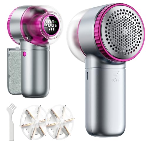 Fabric Shaver with Lint Brush, Large Lint Shaver with Digital Display, 3-Speeds Lint Remover with 6-Leaf Blades, Electric Sweater Shaver to Remove Pilling for Clothes, Furniture - color: Gray-purple