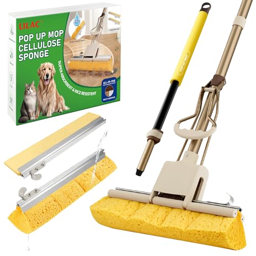 LILAC Cellulose Sponge with 2 Replacement Sponge Heads, 4-Color Handle Choices for Zoned Cleaning, Super Absorbent Pop Up Roller Mop Sponge for Hardwood,Laminate Floors (Yellow Hand) - size: yellow hand