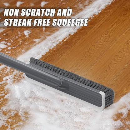 2 in 1 Floor Scrub Brush: Deck Brush with Squeegee - Long Adjustable Handle - 55'' Stiff Bristle Scrape Brush for Deck Patio Garage Shower Bathroom