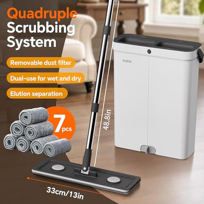 1 Set Flat Mop and Bucket System, Giving Microfiber Washable and Reusable Pads, Dry and Wet Mop for Floor Cleaning, Mop Bucket with Wringer, Suitable for Wooden Floors; Ceramic Tiles; Wall Cleaning