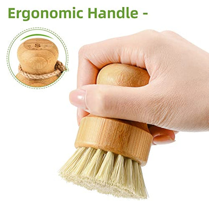 Bamboo Dish Scrub Brushes,Kitchen Wooden Cleaning Scrubbers Set for Washing Cast Iron Pan/Pot, Natural Sisal Bristles, Set of 3 - color: Ceramics Base + 3p Sisal Brushes, size: Regular size