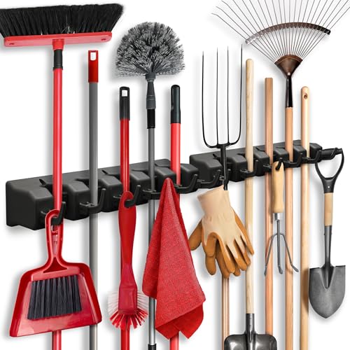 2 Pack Mop and Broom Holder Wall Mount - Garage Storage Organizer with 5 Slots, 6 Hooks, 7.5lbs Capacity Per Slot - Home, Kitchen, Closet, Laundry Room Organization – Black Broom Hanger - color: Black, size: 2 Pack 5-position, 6-Hooks
