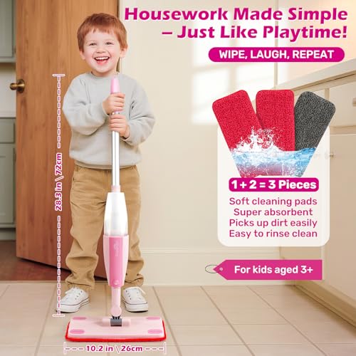 Dreamon Kids Spray Mop - Real Working Toddler Cleaning Set with Water Sprayer & 3 Washable Mop Pads & Scraper, Pretend Play Montessori Housekeeping Toys Gifts for Toddlers Kids Girls Boys(Pink) - color: Pink