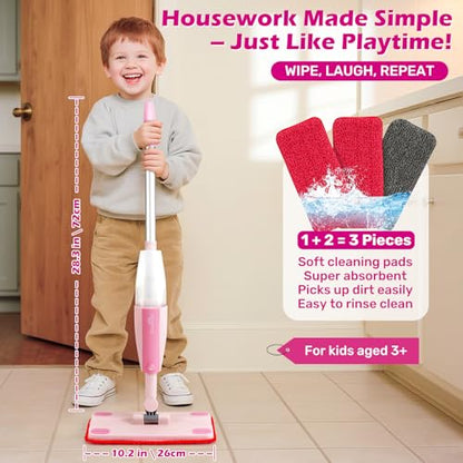 Dreamon Kids Spray Mop - Real Working Toddler Cleaning Set with Water Sprayer & 3 Washable Mop Pads & Scraper, Pretend Play Montessori Housekeeping Toys Gifts for Toddlers Kids Girls Boys(Pink) - color: Pink