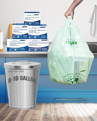 BEIDOU-PAC 8-10 Gallon Compostable Trash Bags, 60 Count - Ideal for Kitchen & Food Scrap Waste, US BPI Certified to ASTM D6400 Standard - style: Handle | 8-10 Gallon | 60 Count