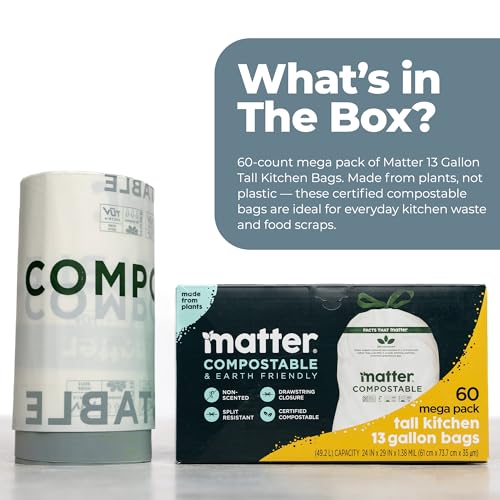 Matter Compostable 13 Gallon Tall Kitchen Trash Bags with Drawstring, Eco-Friendly, Unscented, Durable, Leak-Resistant, 60 Count - style: 13 Gallon Single Pack