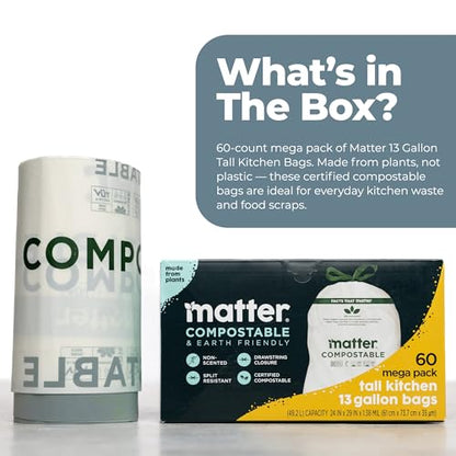 Matter Compostable 13 Gallon Tall Kitchen Trash Bags with Drawstring, Eco-Friendly, Unscented, Durable, Leak-Resistant, 60 Count - style: 13 Gallon Single Pack