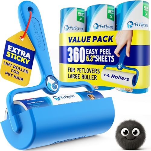 PetLovers 6.3" Large Lint Roller for Pet Hair Extra Sticky 360 Sheets, Ideal for Pet Hair Removal from Furniture & Clothes, Dog and Cat Lint Remover 4 Pack - size: 4 Pack Large Lint Roller