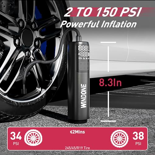Windone Car Vacuum, 12000Pa 2-in-1 Cleaner & Tire Inflator 150PSI, 60W Brushless Motor, Cordless Handheld Vacuum & Air Pump with Pressure Gauge, LED Light, Multi-Nozzles for Car, Home, Office